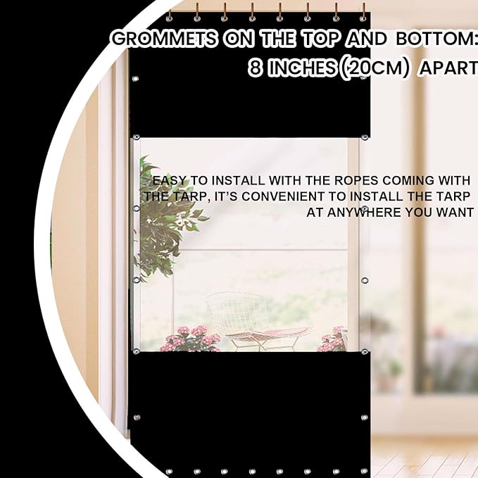 20 Oz Outdoor Vinyl Curtain, Outdoor Clear Panel Curtain, Weather Resistant Outdoor Curtain for Pergola, Porch, Gazebos, with Rustproof Grommets (7'H x 10'W, Black)