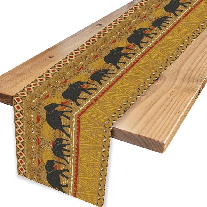 African Tribe Table Runner, Rustic Elephants Tribal Boho Diwali India Traditional Ethnic Folk Yellow Coffee Table Center Decor for Home Kitchen Room Holiday Party Outdoor Table Decorations, 13"x36"