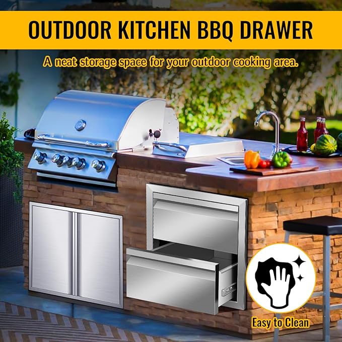 Outdoor Kitchen Drawers, Box Frame Style Flush Mount BBQ Drawer w/Stainless Steel Handle, BBQ Island Drawers For Patio Grill Station,Double Drawers
