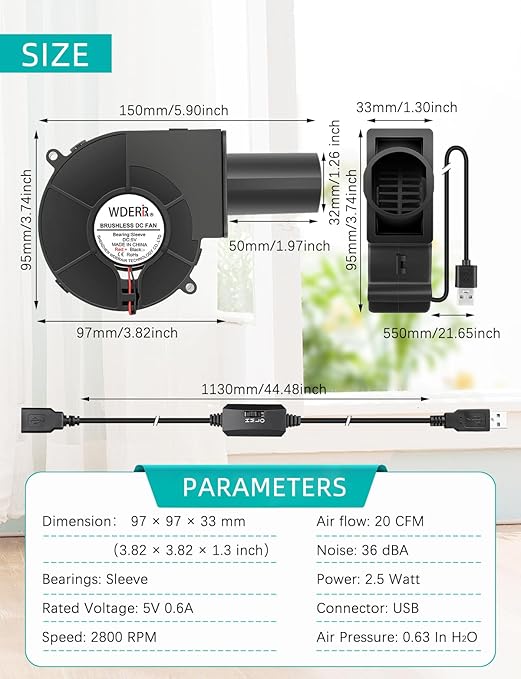 97mm x 33mm USB Centrifugal 5V Air Blower Brushless Fan with Tube for Replacement Fireplace Forge Smoker BBQ Electronic Cabinet Squirrel Cage Cooler