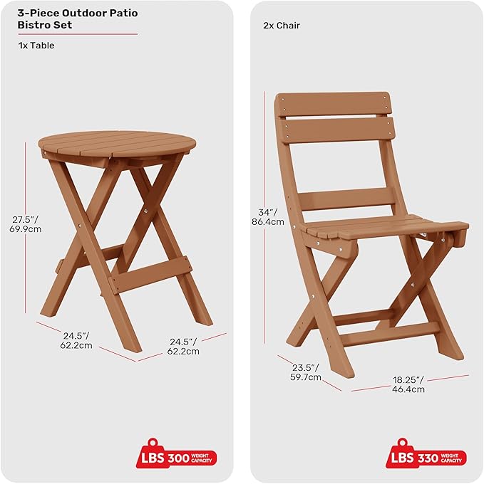 Costaelm Paradise 3-Piece Outdoor HDPE Folding Patio Bistro Table and Chairs, Teak