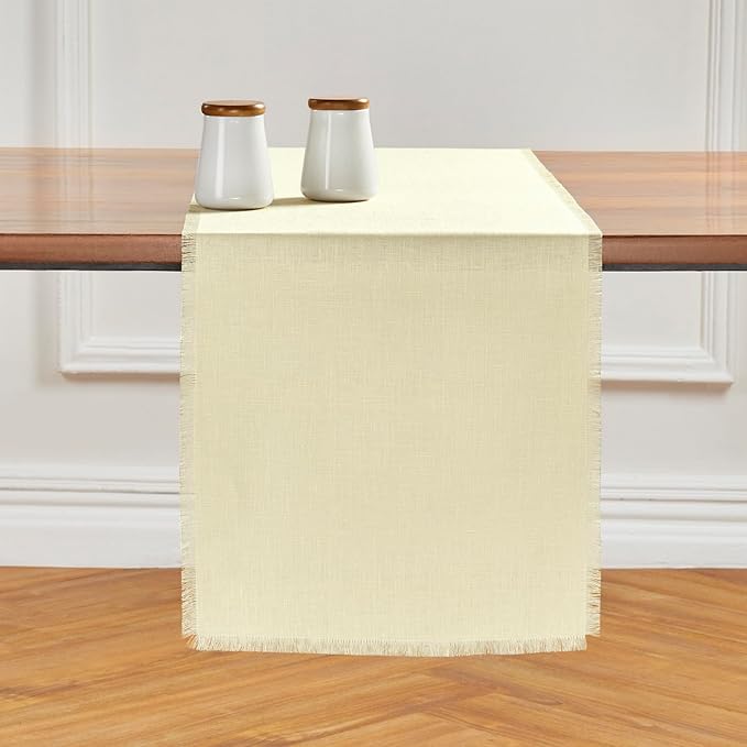 Solino Home Linen Creamy Ivory Table Runner 72 Inches Long - Fringe, 100% Pure Linen 14 x 72 Inch Table Runner for Spring, Easter