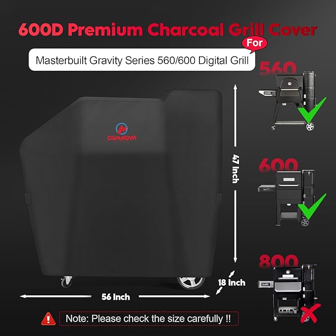 Comnova Grill Cover for Masterbuilt Gravity Series 560/600 Digital Charcoal Grill and Smoker, Waterproof & Heavy Duty, 600D Charcoal Grill Cover for MB20040220, Black (56" x 18" x 47")