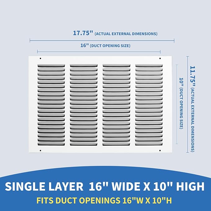 16x10 Return Air Grille (Duct Opening Size), Air Return Vent Cover, AC Vent Cover, Cold Air Return Vent Cover, Flat Return Air Grilles, Outer Dimensions:17.75"W x 11.75"H (16"Wx10"H, Duct Opening)