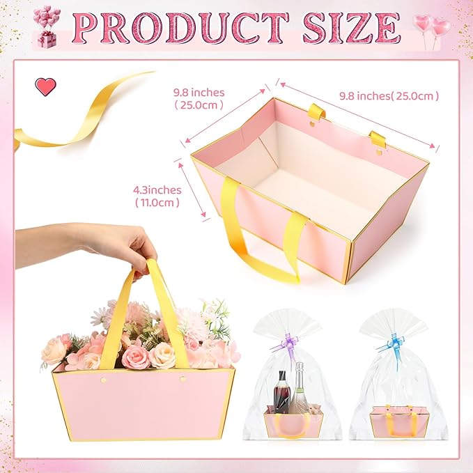 Tuanse 30 Pcs Basket for Gift Empty DIY Bulk Gift Basket Kit with Handle Kraft Cardboard Tray with 30 Bag 30 Bow Market Tray for Wedding Party(Pink,9.8 x 6.7 x 4.3 in)