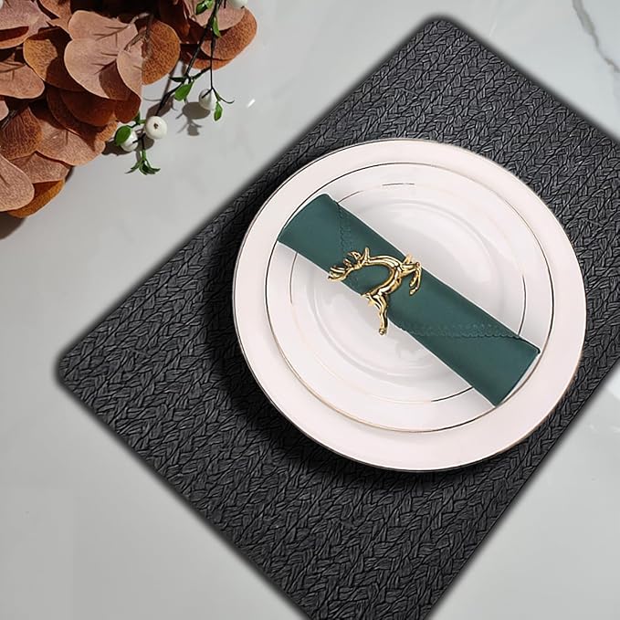 PIGCHCY Waterproof PVC Place Mats Set of 6, Non-Slip Faux Leather Placemats Rattan Pattern Surface Table Mats for Wedding/Birthday Party/Kitchen (18"x12", Black)
