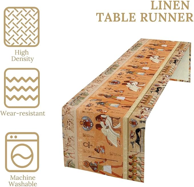 Ancient Table Runner, Mythology Egyptian Gods Pharaohs Antique Golden Hieroglyphs Print Pattern Table Runner for Dining Bedroom Kitchen Party Outdoor 13x90in