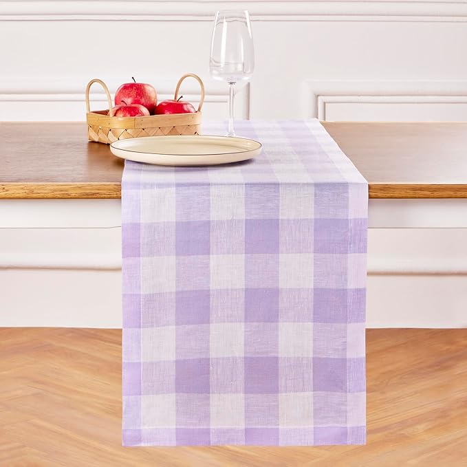 Solino Home Linen Checkered Table Runner 60 Inches - 100% Pure Linen Misty Lavender Buffalo Check Table Runner 14 x 60 Inch Ideal for Dresser and Coffee Tables - Valentines, Spring, Easter
