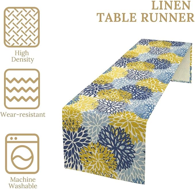Dahlia Flower Table Runner,Blue Yellow Floral Print Table Runner for Kitchen Dining Table Dinner Holiday Home Party Indoor Outdoor Decor 13x90in