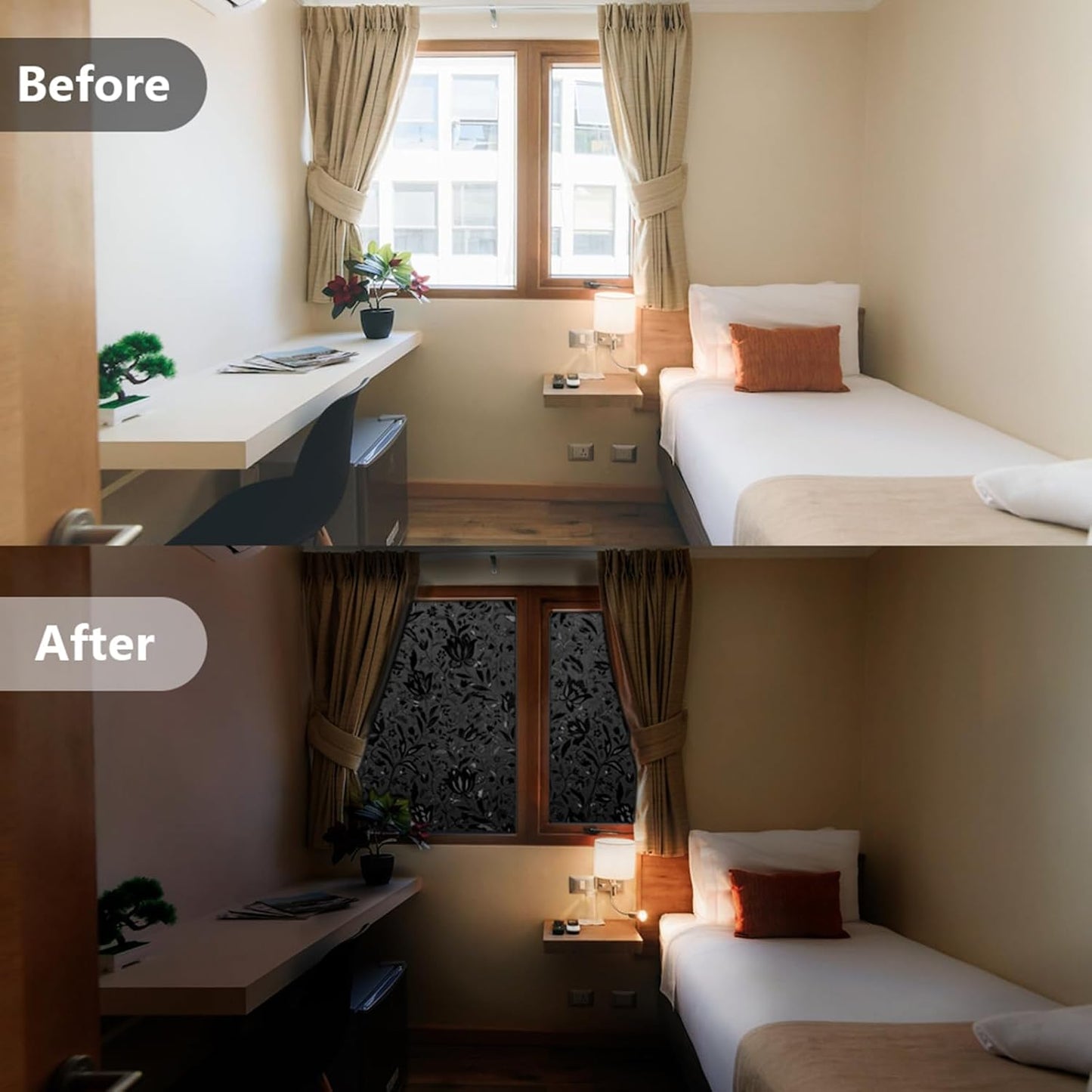 LEMON CLOUD Total Blackout Window Film Privacy Static Cling Frosted Black Window Covering 100% Opaque Film Tint Darkening Removable Film for High Privacy，(Blackout Tulip Design,23.6 x157.4 inches)