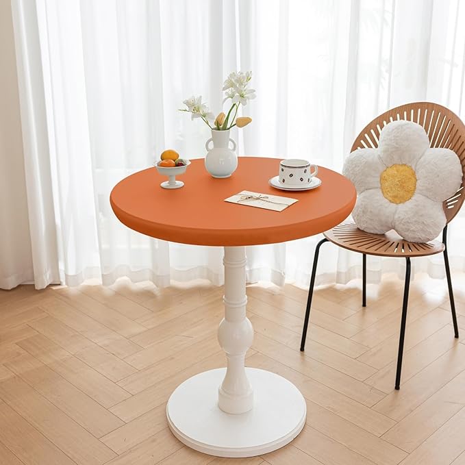 Fall Round Fitted PU Tablecloth with High Elastic Edge 47 Inch Dia Waterproof Oil Proof Table Cloth Anti-Scald Stain-Resistant Wipeable Table Cover for Indoor Outdoor Picnic (Orange,47" Dia)