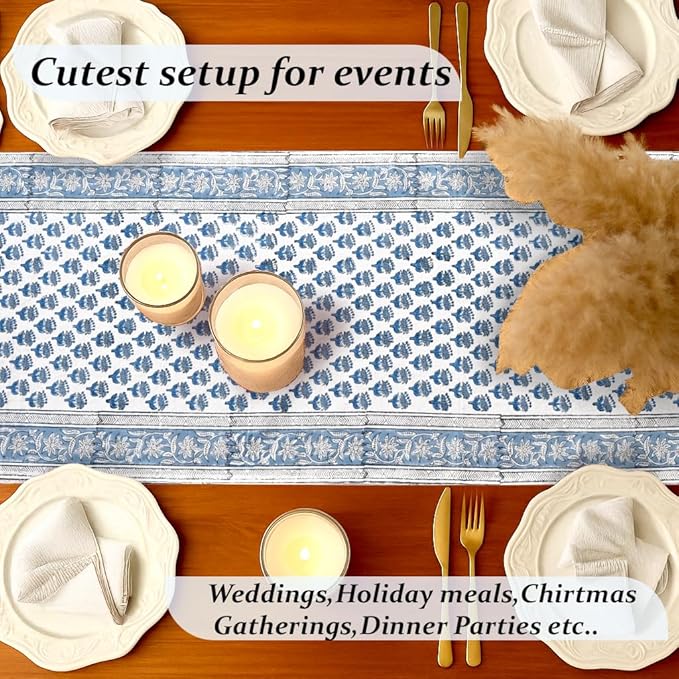 CPC Cotton Table Runner 16x108 Inch Block Printed Long Fall Table Runner for Dining Table, Card Table, Coffee Table, Wedding, Farmhouse & Outdoor Barbeque-Apatite Blue