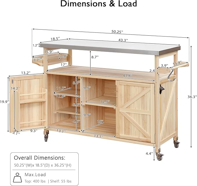 Grill Table,Rolling Bar Cart, Storage Cabinet, Artificial Board,with Stainless Steel Top, Spice Rack, Towel Rack, Storage Space,Kitchen,Outdoor