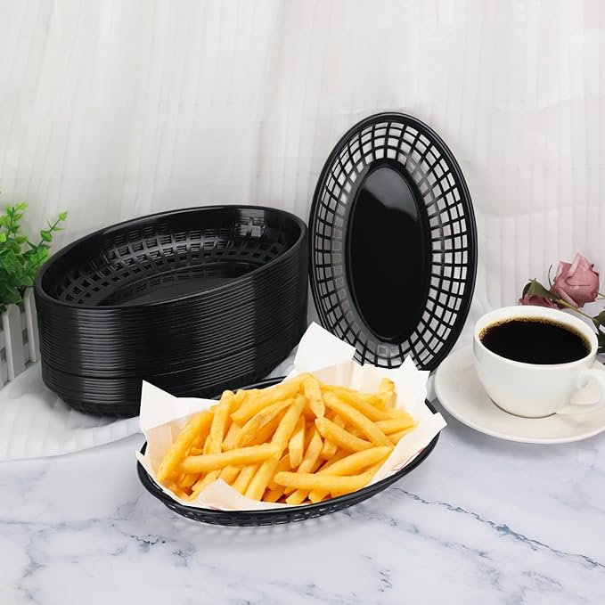 80 Pcs 9 x 5.7 Inch Reusable Oval Fast Food Baskets, Sturdy Plastic Serving Baskets for Fast Food, Parties, Picnics, BBQs and Snacks, by KUKLIPJIM.(Black)