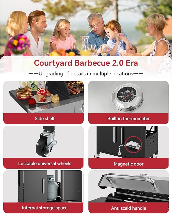 Aoxun 4-Burner Propane Grill with Side Burner, 49000 BTU Gas Grill, Stainless Steel Outdoor Grill with Cast Iron Grates & Side Tables for Backyard, Patio, Camping