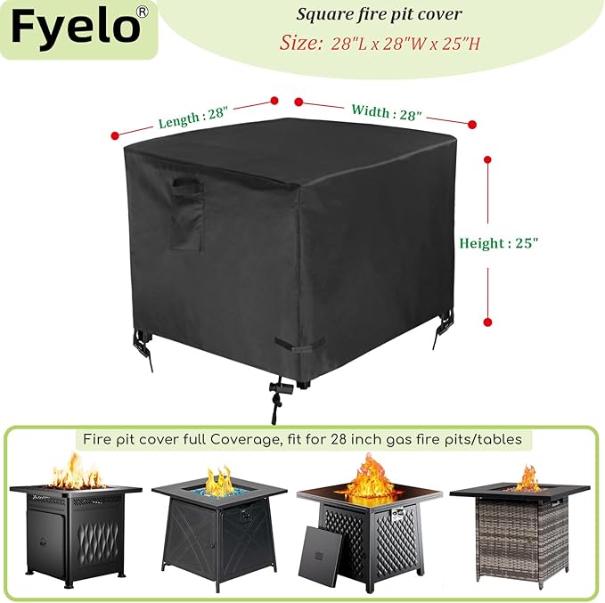 28 Inch Gas Fire Pit Cover, Heavy Duty 600D Waterproof & Windproof 28 x 28 x 25 Inch Square Cover Fit for Outdoor Fireplace & Propane Fire pit Tables, Black