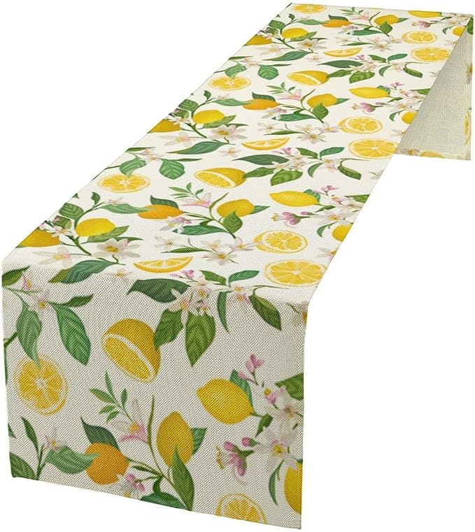 Yellow Lemon Table Runner,Spring Floral Summer Fruits Print Table Decoration for Farmhouse Kitchen Dinner Dining Table Holiday Party Home Decor 13x90in