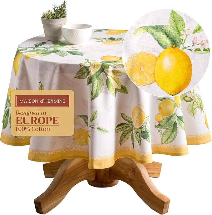 Maison d' Hermine Table Cloth Round Table 100% Cotton 63 Inches Tablecloth Reusable Decorative Everyday Use for Dining Room, Farmhouse, Home, Party, Festive & Wedding Spring Summer - Limoncello