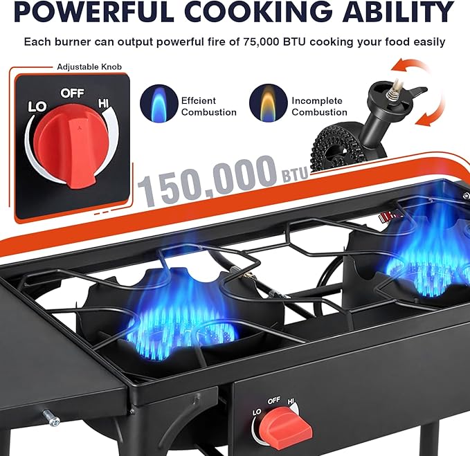Llamaviva 2 Burner Gas Stove, Propane Outdoor Stove with Side Shelves, Removable Legs & Regulator, 150,000 BTU Propane Burners for Outdoor Cooking, Camping & BBQ Cookouts