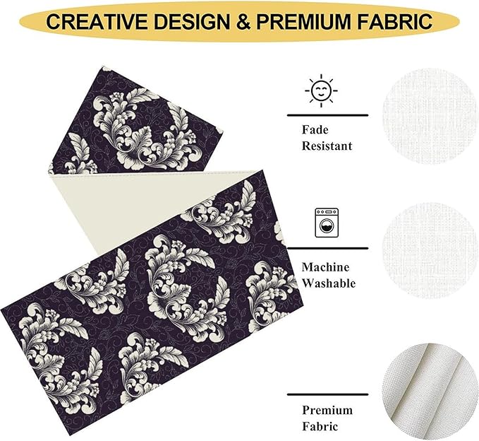 Gothic Table Runner, Antique Retro Damask Floral Bohemian Boho Purple Rustic Vintage Coffee Table Center Decor for Kitchen and Dining Outdoor Home Country Party Table Decorations, 13"x36"
