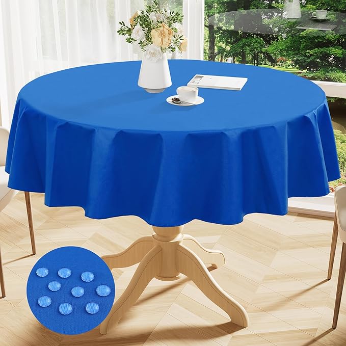 Smiry Round Table Cloth 60 Inch, Waterproof Wipeable Vinyl Tablecloths Protector, Oil Spill Proof Plastic Table Cover for Dining, Picnic, Camping, Outdoor, Blue