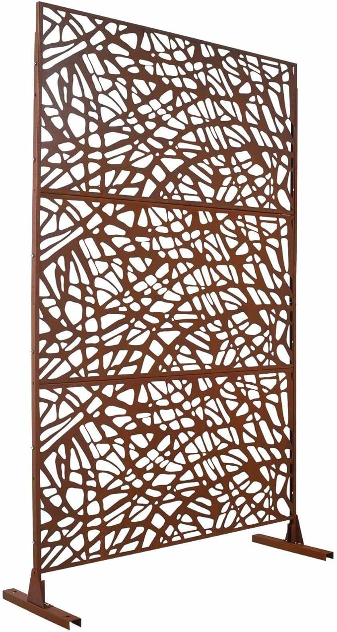 Outdoor Decorative Metal Privacy Screen Panel, 48" L x 16" W x 76" H, Steel Partition for Garden, Patio, and Backyard, Freestanding with Stable Base, Modern Geometric Design, Rust Red