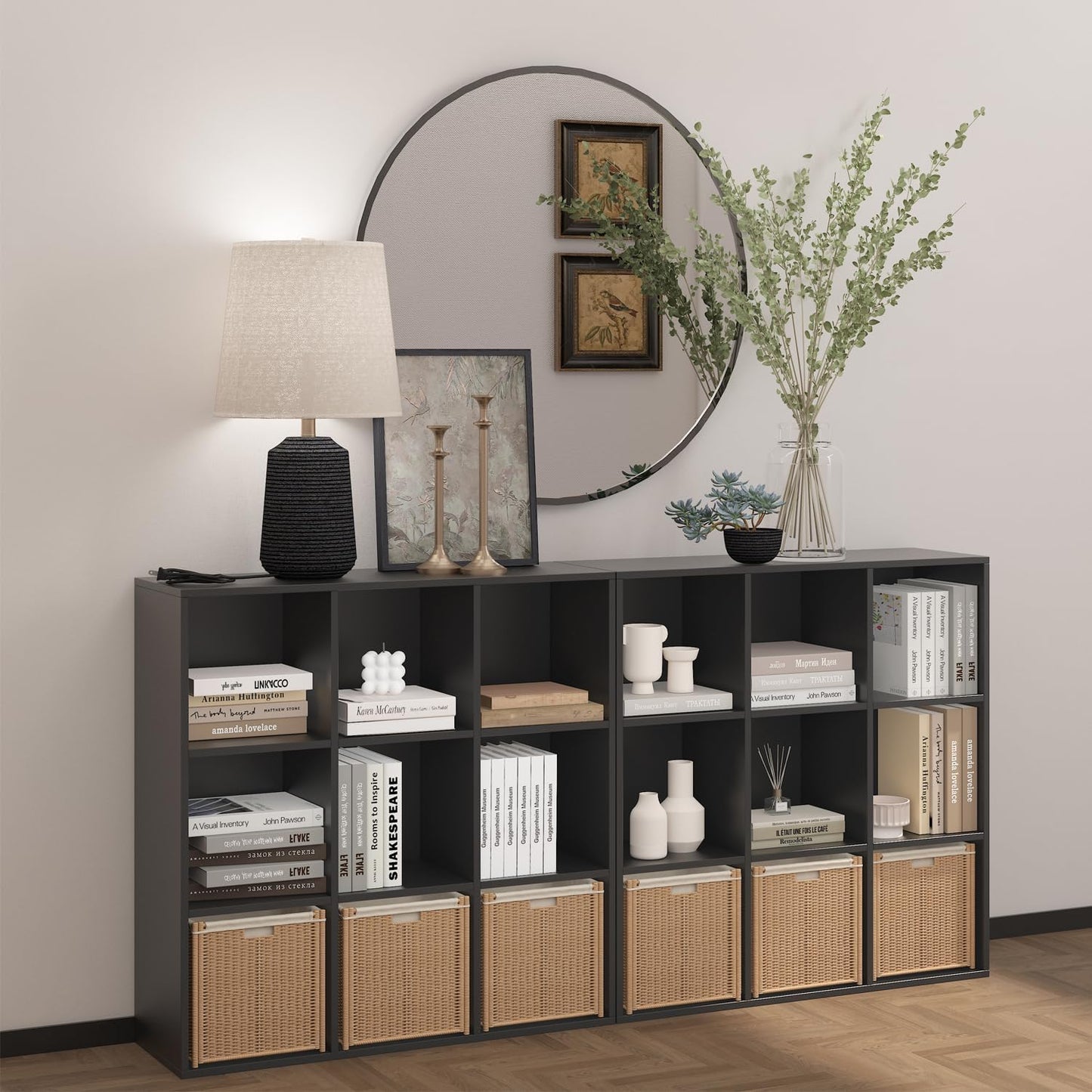 Wooden 9 Cube Storage Organizer with Closed Back Panel,Black Cube Shelf Heavy Duty Cubby Storage Organizer with Compartments for Living,Display Shelf,Bookshelf