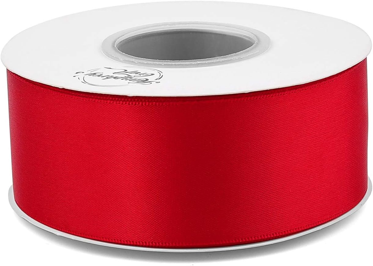 Humphrey's Craft 1-1/2 Inch Red Satin Ribbon Double Faced 25 Yards, Thick Silk Ribbon for Crafts Gift Wrapping DIY Bows Bouquet Decoration Sewing Christmas Tree Wedding and Invitation Card.