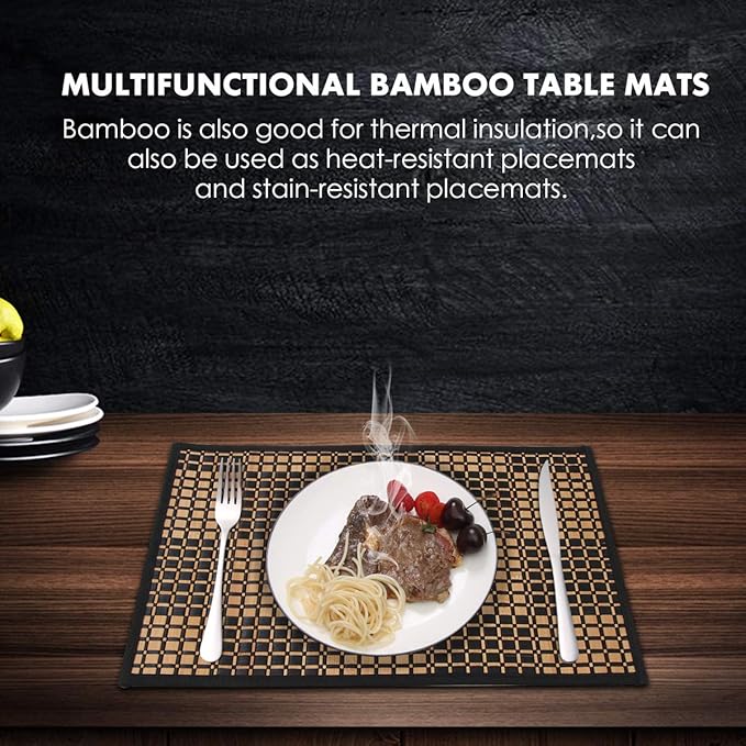 Placemats Set of 6 for Dining Table, Bamboo Place Mats for Kitchen Table Decor, Table Mats Heat Resistant & Non-Slip for Indoor/Outdoor Party, Table Placemats Set of 6 for Dinner Table Black
