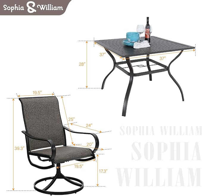 Sophia & William Outdoor Dining Set Patio Dining Set for 4 Outdoor Table and Chairs 5 Pieces with Swivel Patio Chairs 37"x 37" Metal Table for Garden Pool All Weather Brown