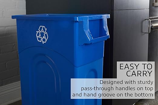 United Solutions Highboy Recycling Bin, 23 Gallon, Space Saving Slim Profile and Easy Bag Removal, Indoor or Outdoor Use, Integrated Handles for Easy Carrying, 4-Pack, Recycle Blue