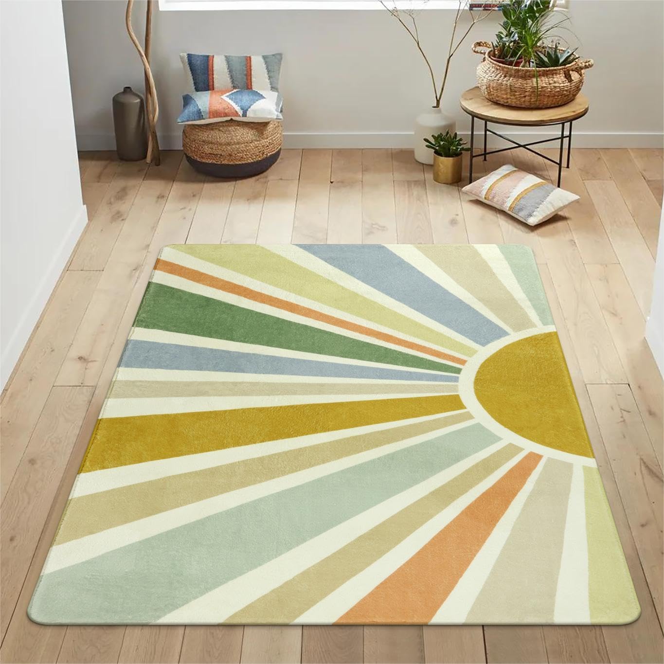 STARUIA Boho Washable Area Rug - 4'x6' Kids Playroom Rug, Non-Slip Modern Sun Carpet for Bedroom, Office, Nursery, Entryway, Dorm