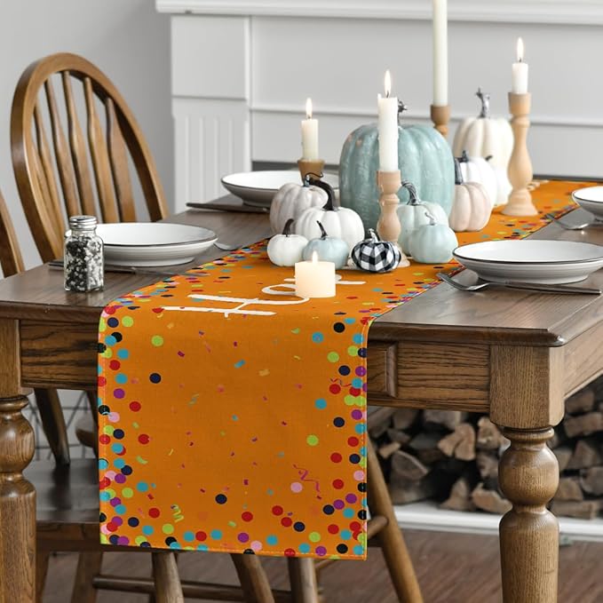 Artoid Mode Polka Dot Orange Happy Birthday Table Runner, Seasonal Fall Thanksgiving Kitchen Dining Table Decoration for Home Party Decor 13x72 Inch