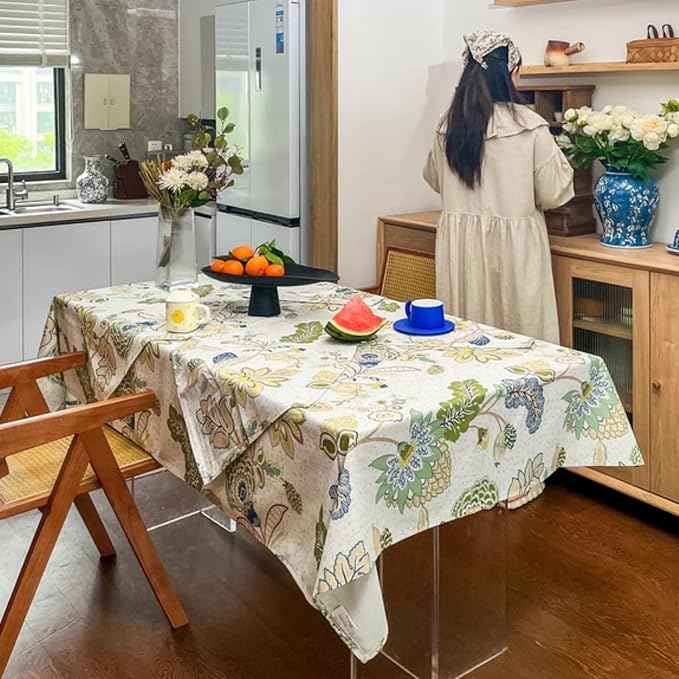 Spring Table Cloth for Rectangle Table, Washable Waterproof Tablecloth, Polyester-Linen Print Table Cover for Dining, Outdoor, Picnic, Farmhouse - 72''x54'' - Green Flowers