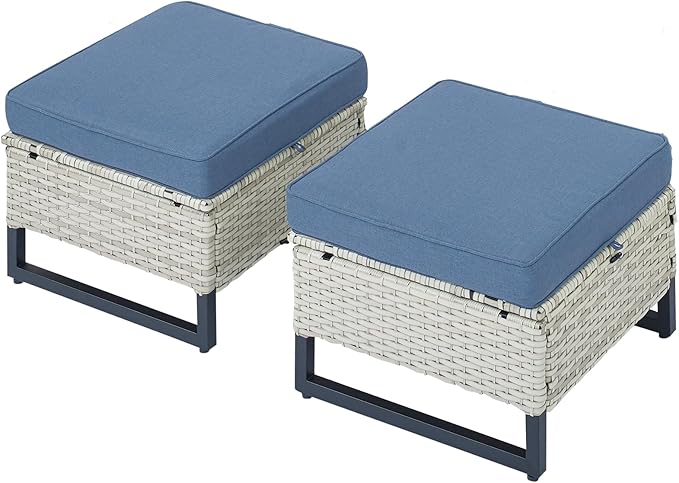HUMMUH Outdoor Ottomans for Patio Set of 2 PE Wicker Outdoor Footstool with Removable Weather-Resistant Cushions for Patio, Backyard Light Grey Blue