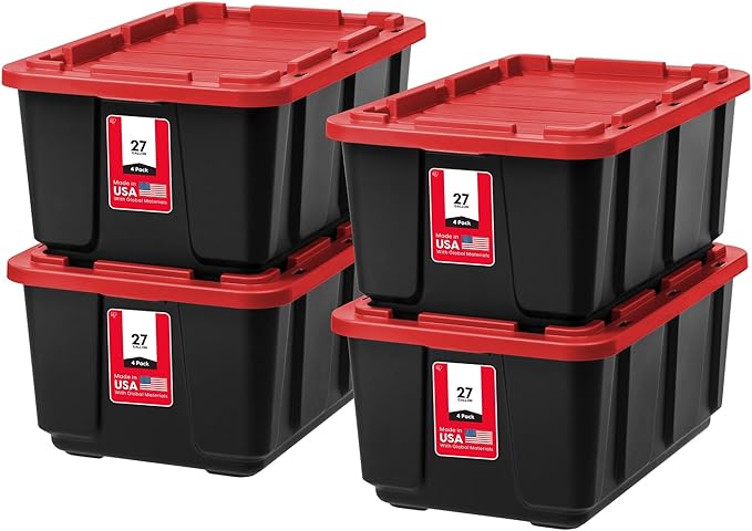 IRIS USA 4-Pack 27 Gallon Storage Bins with Lids |Made in USA| Heavy Duty Plastic Tote Containers for Truckbed Tool Box Organization, Large - Red