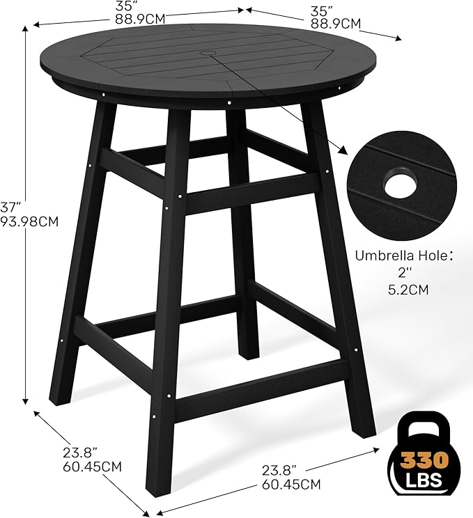 Costaelm Patio Bistro Table, 37" Counter Height Round Patio Cocktail Bar Table with Umbrella Hole, Outdoor Bistro Dining Pub Table for Front Porch Deck Backyard Garden, Black