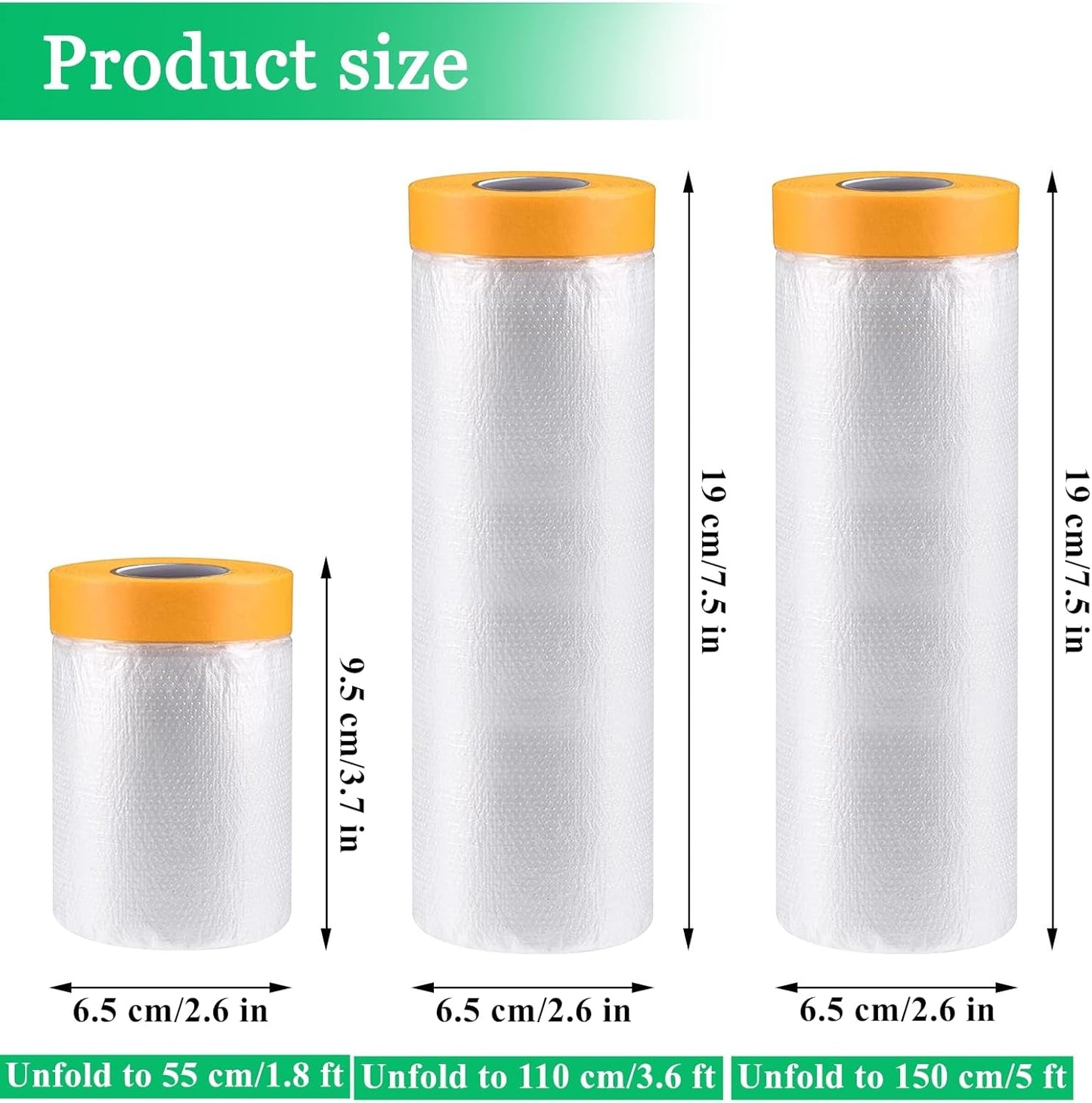 4 Pack Tape and Drape, 3 Sizes Pre-Taped Masking Film for Auto Painting Covering, 65.6 Ft/Pack Plastic Pre-Adhesived Dust Paint Protective Drop Film for Furniture, Car, Floor