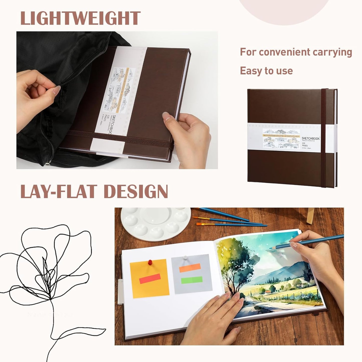 Moinchore Back to School Gifts Square Sketchbook 8 x 8 Inch Hardcover Art Sketch Book Drawing Papers 120 Pages, Mixed Media Journal Notebook with Elastic Closure Sketchbook for Drawing(Brown)