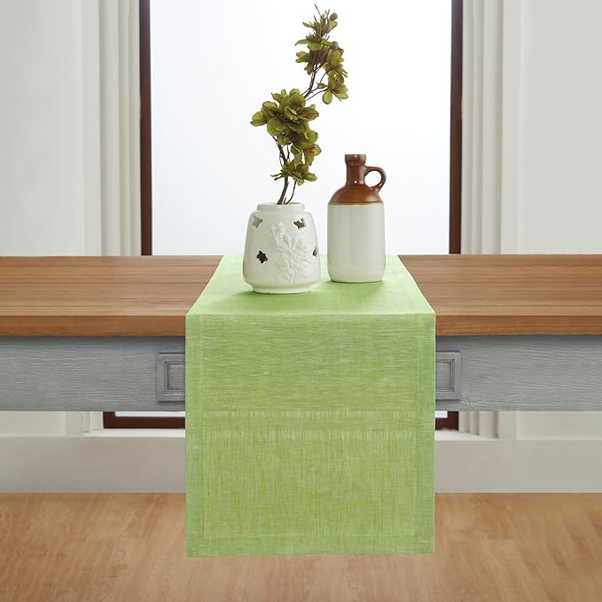 Solino Home Linen Table Runner 108 Inches Long - Athena, 100% Pure Linen Chambray Lime Green Dining Table Runner 14 x 108 Inch for Spring, Easter, St Patricks Day