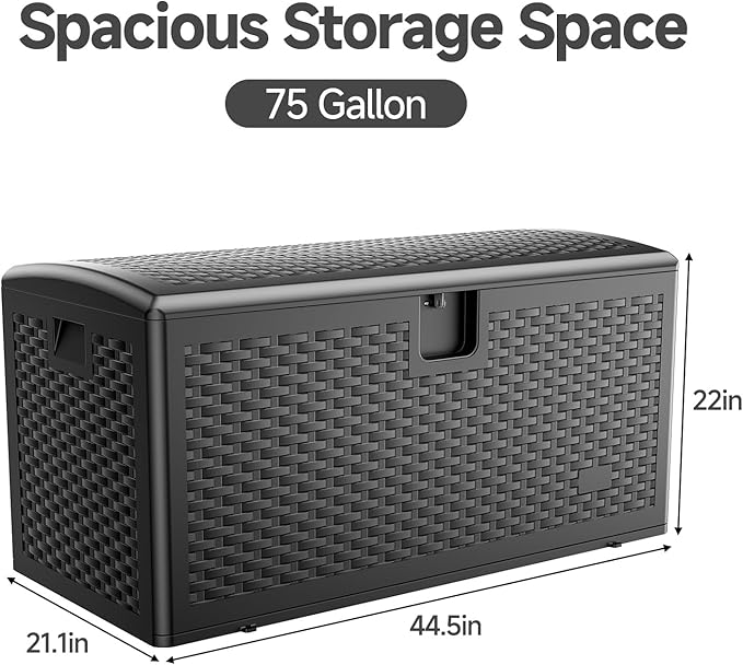 JEKO&JEKO 150 Gallon Outdoor Storage Box Set, 2-Pack 75 Gallon Plastic Deck Boxes with Lockable Lid for Patio, Garden Tools, Outdoor Cushions and Shoes, Black