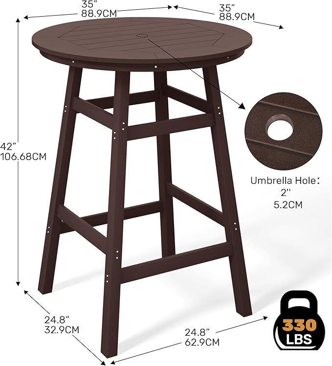 Costaelm Patio Bistro Table, 42" Counter Height Round Patio Cocktail Bar Table with Umbrella Hole, Outdoor Bistro Dining Pub Table for Front Porch Deck Backyard Garden, Dark Brown