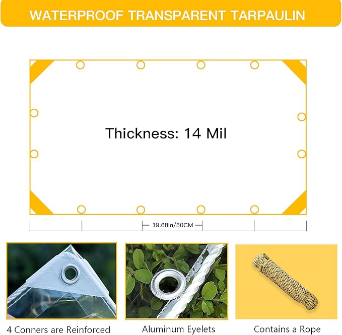 Clear Tarps Heavy Duty PVC, Transparent Tarp Durable Waterproof Dustproof Windproof, Tarpaulin with Grommets & Ropes for Greenhouse, Patio, Garden, Pavilion, Chicken, Porch, Outdoor（12' x 12'）