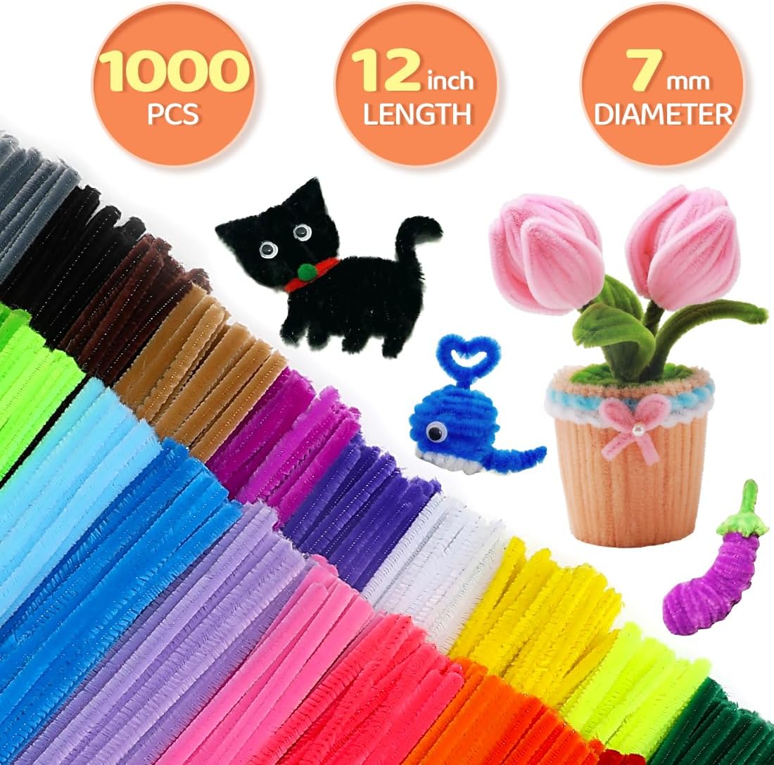 1000pcs Pipe Cleaners, Pipe Cleaners for Crafts, Craft Supplies Multicolor Chenille Stems for Art&Craft Christmas DIY Projects(12inch*6mm,20colors)