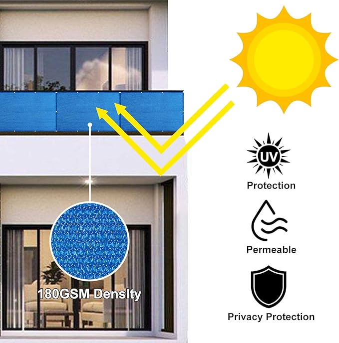 Eden's Decor Balcony Privacy Screen Cover Mesh Windscreen Weather-Resistant UV Protection for Backyard Deck, Patio, Balcony, Pool, Porch, Fence, Railing, Gardening (Blue,3'4"x 15')