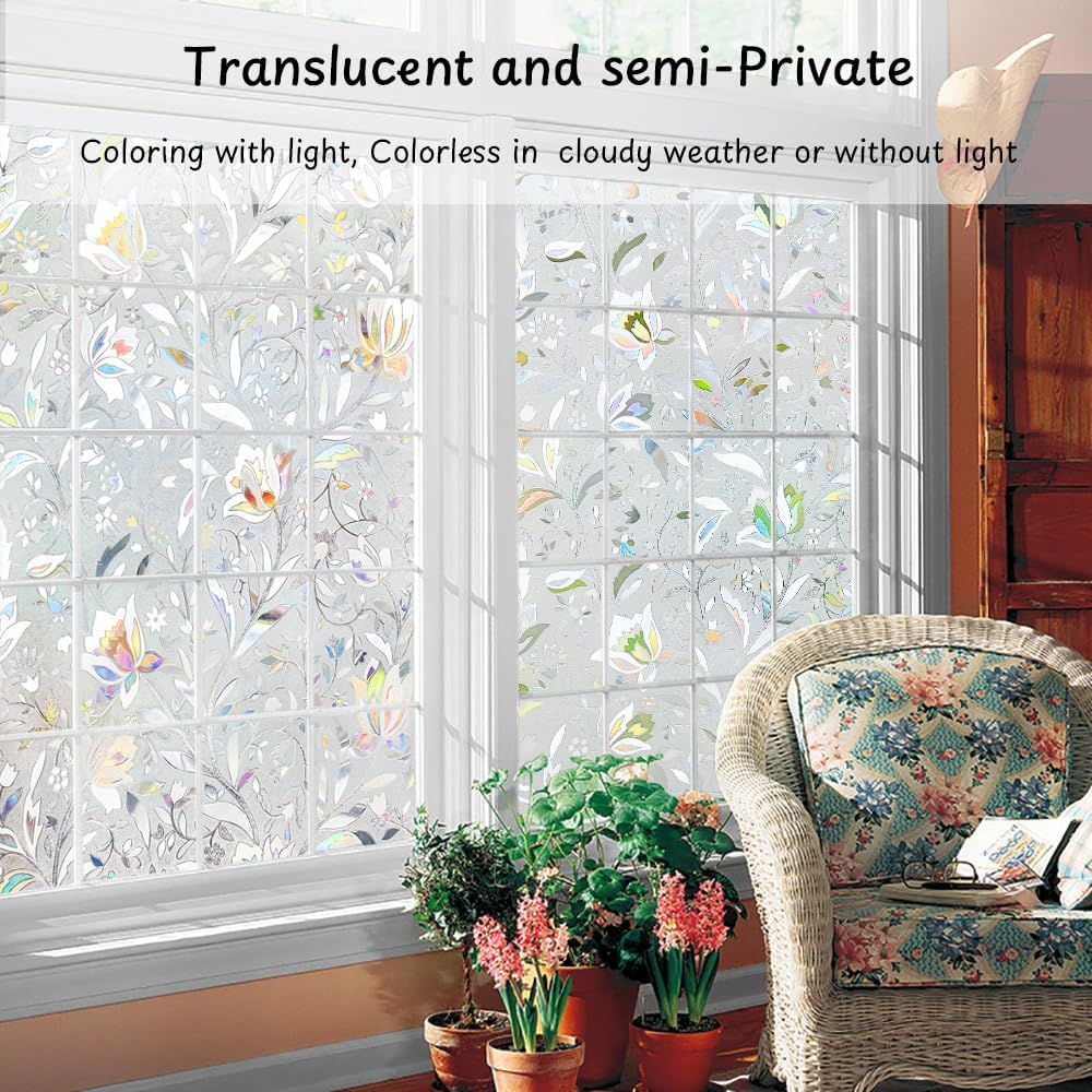 NINETREX Window Privacy Film,3D Stained Glass Window Film,Decorative Window Covering Sun Blocking Vinyl Static Cling Anti-UV Heat Control for Home Decor,Tulip 17.5 x 157.4inch