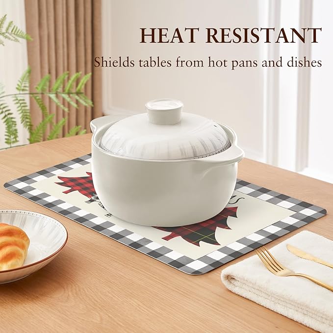 QIYI Christmas Placemats Set of 6, 12x18 Inch PU Leather Place Mats for Kitchen Dinning, Heat Resistant Anti Slip Buffalo Plaid Table Mats, Waterproof Washable Placemat Party Table Décor, Xmas Trees