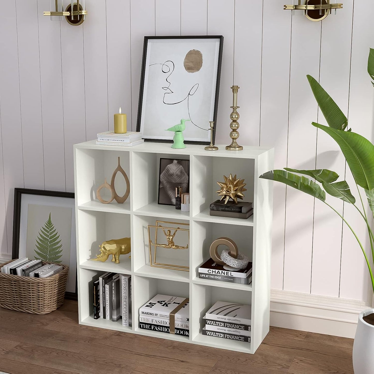 9-Cube Storage Shelf Bookcase - Wooden 3-Tier Floor Standing Open Bookshelf for Home and Office, Display Cabinet, Warm White