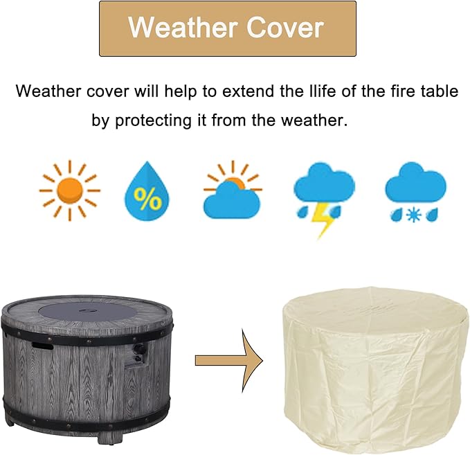 Afterglow Outdoor 36" Round TerraFdab Propane Fire Pit Table for Outside Patio Backyard Garden, Firepit Table with Weather Cover and Lava Rocks(Gas Tank not Included)，50000 BTU, Wood Look(Grey)