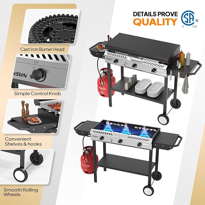 ROVSUN 2-in-1 Propane Stove & 33'' Griddle Combo with Ignition, 3 Burner 225,000 BTU Gas Stove & Grill with Side Shelves, Rolling Wheel & Regulator for Home Outdoor Backyard Camping Cooking Grilling